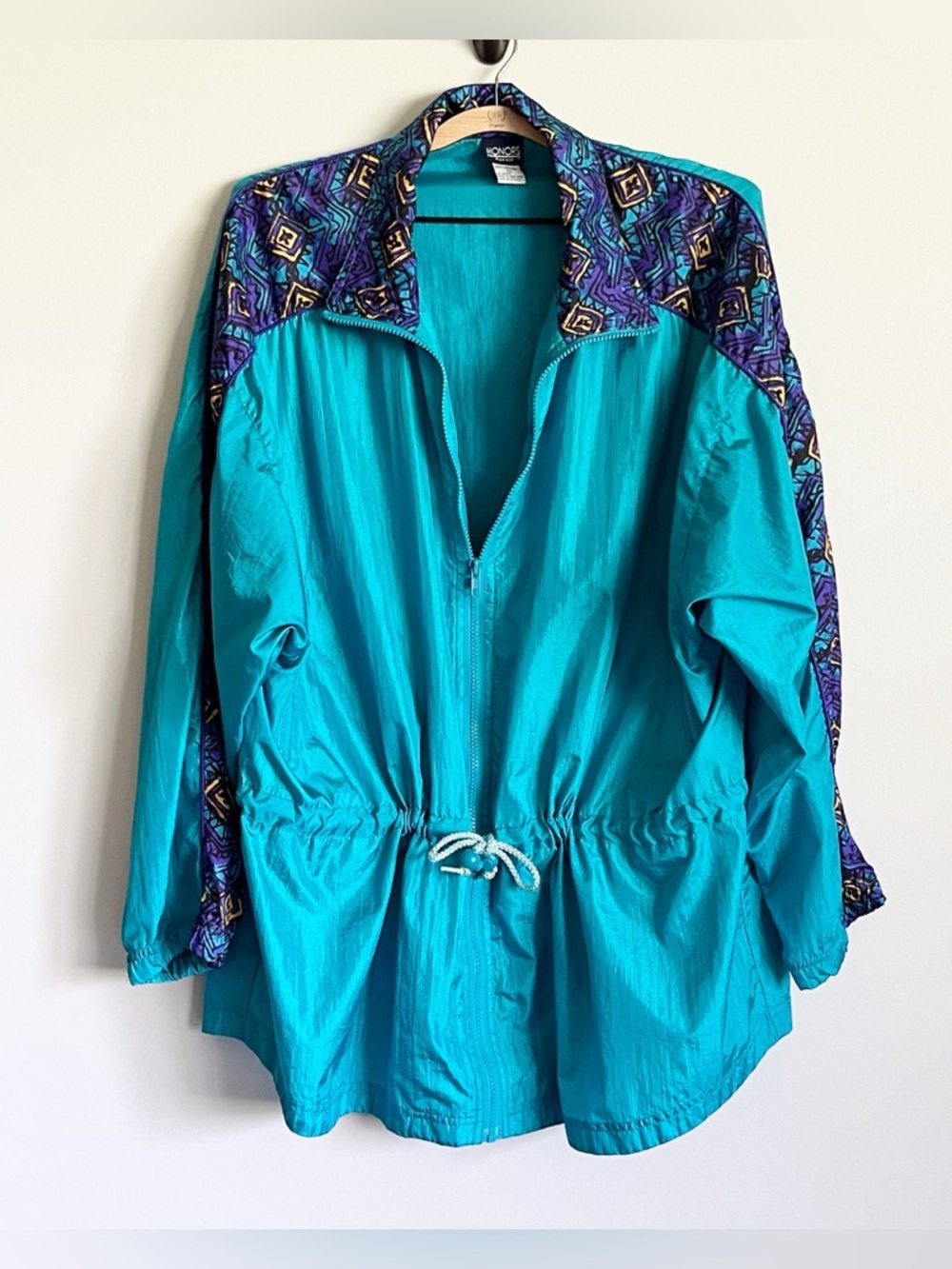 VTG Honors Windbreaker Jacket Size 1X Teal Purple Yellow Funky 90s Cinched Nylon